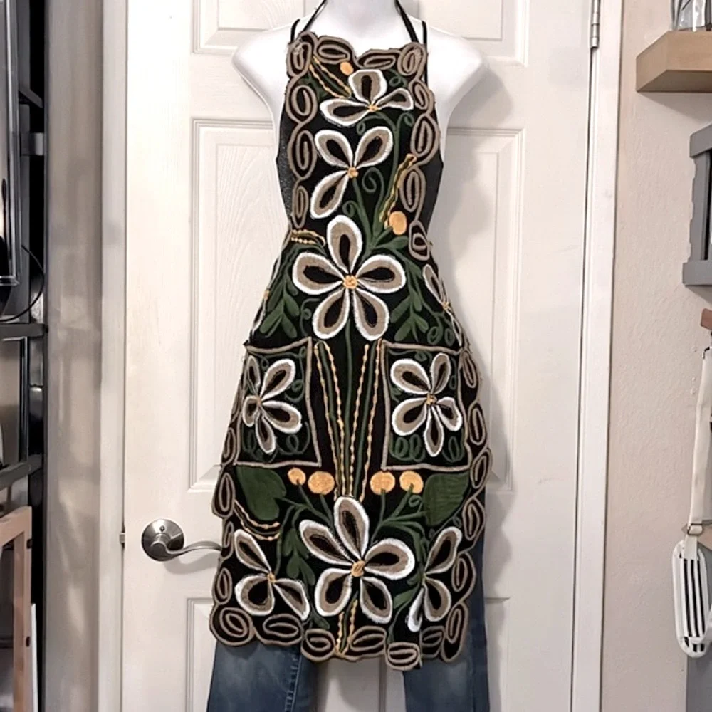 Bohemian Embroidered Green Gold Tan Black Floral Colorful Boho Apron